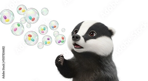 Fototapeta Adorable Badger Surrounded by Floating Bubbles on an Isolated White Background