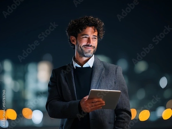 Obraz Entrepreneur holding tablet with satisfied look