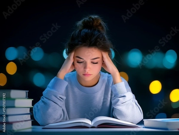 Obraz Stressed young woman holding head in hands at desk with books, studying for exam