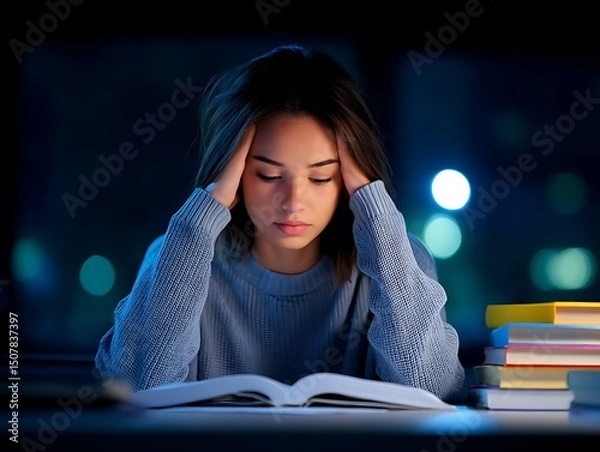Obraz Stressed young woman holding head in hands at desk with books, studying for exam