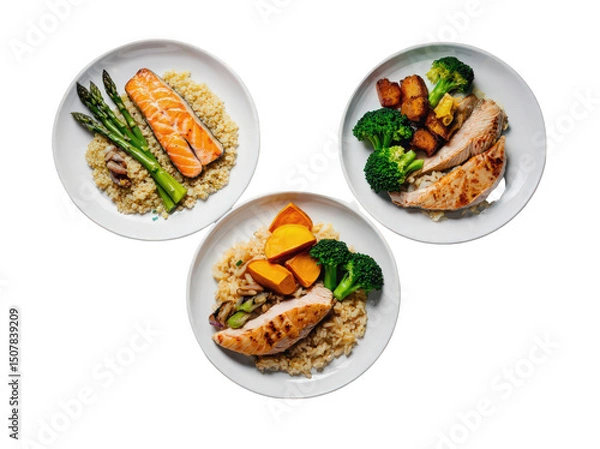 Obraz Three plates featuring grilled salmon, quinoa, and vegetables on a white background.