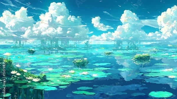 Fototapeta Dreamy water landscape with floating islands