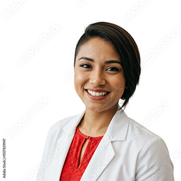 Fototapeta Portrait of a young professional woman with short dark hair, smiling confidently in a white lab coat. Healthcare or science expert, isolated on transparent background.