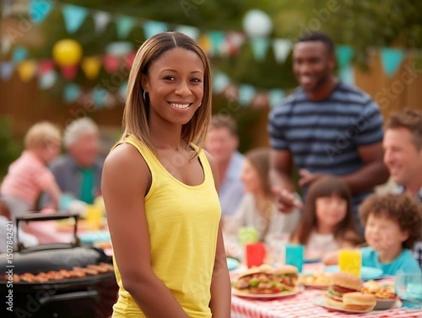 Obraz Happy diverse family enjoying barbecue party in backyard