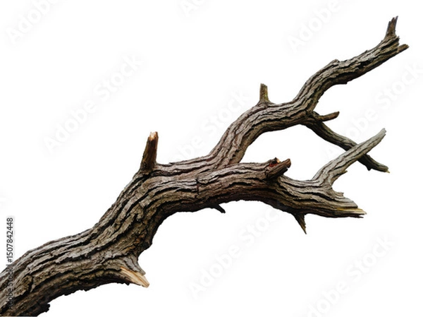 Fototapeta A rustic tree branch with unique curves against a white background.