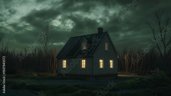 Obraz Isolated house with glowing windows under dark, moody night sky, surrounded by leafless trees, evoking mystery, suspense, and solitude