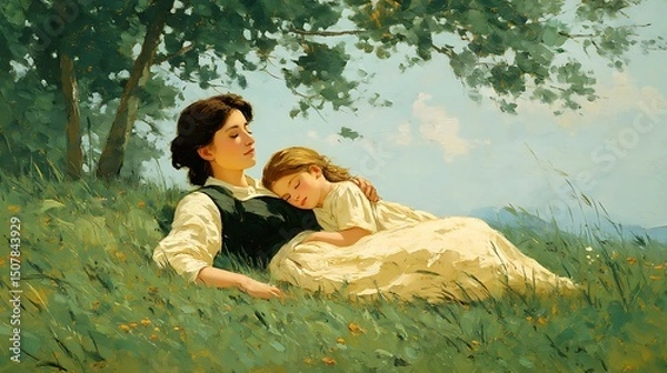 Obraz Peaceful mother lying in grass with daughter beside her