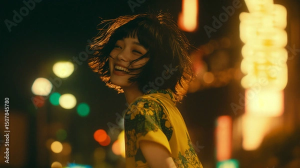 Fototapeta 夜の街で笑いはしゃぐ女性