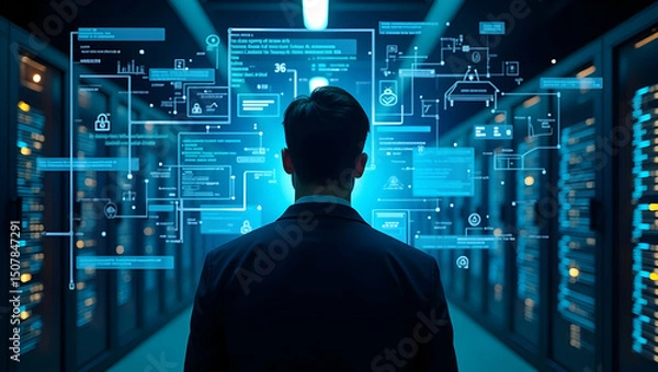 Fototapeta Data center professional reviewing security and networking infrastructure system