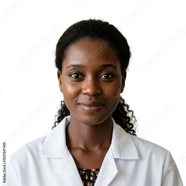 Fototapeta Young Black female doctor in a white lab coat smiling confidently at the camera. Portrait of a medical professional or scientist isolated on a transparent background.