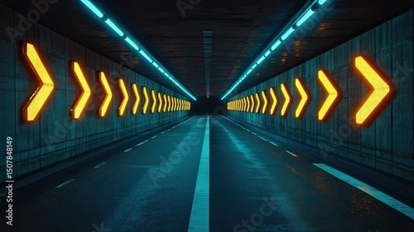 Fototapeta Neon tunnel pathway with glowing directional signs.