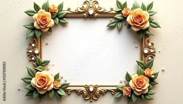 Fototapeta Watercolor floral corners create a delicate, inviting frame with gold accents on a cream background