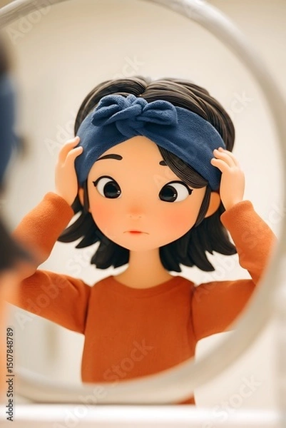 Obraz animated girl putting on headband in mirror reflection