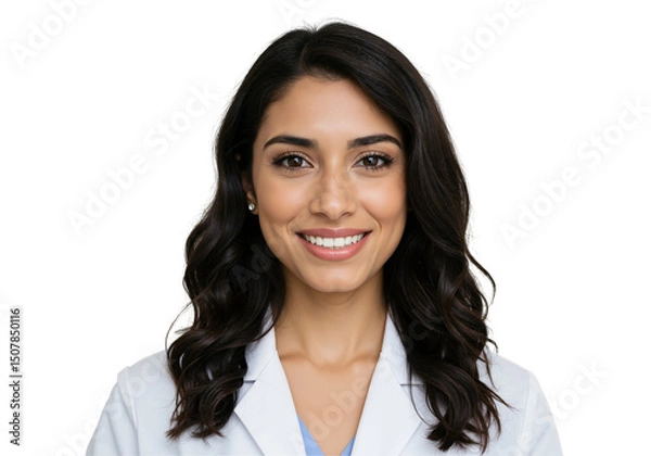 Fototapeta Portrait of a young smiling female doctor with dark hair wearing a white coat, looking at the camera against a transparent background. Confident and friendly healthcare professional.