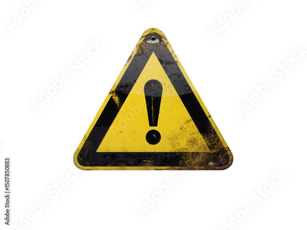 Obraz A weathered yellow warning sign with an exclamation mark, symbolizing caution.