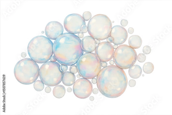 Fototapeta Delicate watercolor rendering depicting iridescent soap bubbles clustering together, translucent spheres reflecting light against transparent backdrop