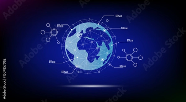 Obraz Globe with modern technology graphics on blue background. Symbolizes global network, digital connection, data systems, innovation, and futuristic tech in abstract world map design.