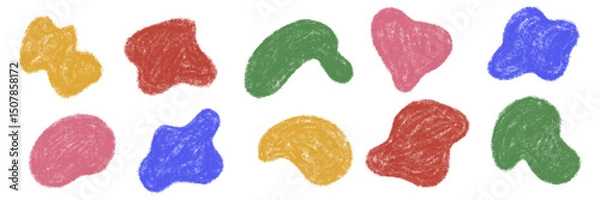 Obraz Chalk abstract shape set. Organic blobs with crayon texture. Irregular aesthetic empty message background. Scribble text box. Pencil minimalistic color blob. Kids freehand vector illustration isolated