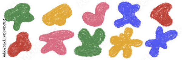 Fototapeta Chalk abstract shape set. Organic blobs with crayon texture. Irregular aesthetic empty message background. Scribble text box. Pencil minimalistic color blob. Kids freehand vector illustration isolated