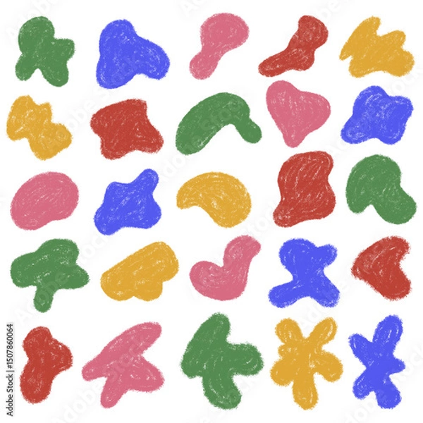 Fototapeta Chalk abstract shape set. Organic blobs with crayon texture. Irregular aesthetic empty message background. Scribble text box. Pencil minimalistic color blob. Kids freehand vector illustration isolated