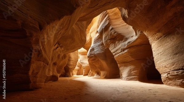 Obraz Sunlight illuminates a narrow, winding sandstone canyon, showcasing smooth, sculpted walls and a sandy floor, creating a dramatic, earthy, and mysterious atmosphere
