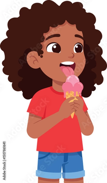 Obraz Child enjoying pink ice cream cone in red shirt and blue shorts vector illustration 