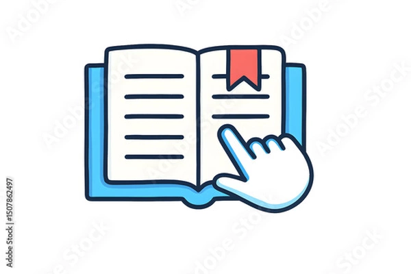 Fototapeta Illustrated open book icon with a hand pointer and a bookmark symbol, representing learning, research, and academic resources.