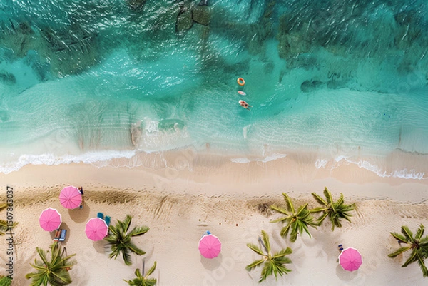 Obraz Summer beach with top view. Maldive Islands beach with clean and clear weather. Blue sea and sandy beach.