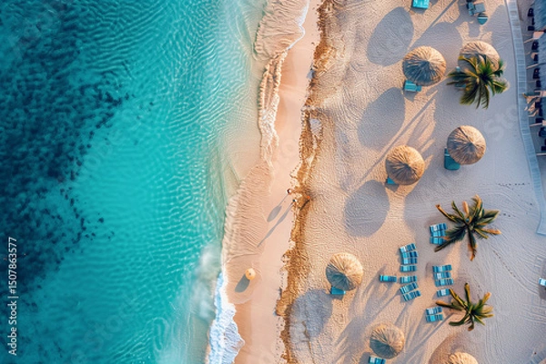 Obraz Summer beach with top view. Maldive Islands beach with clean and clear weather. Blue sea and sandy beach.