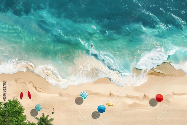 Obraz Summer beach with top view. Maldive Islands beach with clean and clear weather. Blue sea and sandy beach.