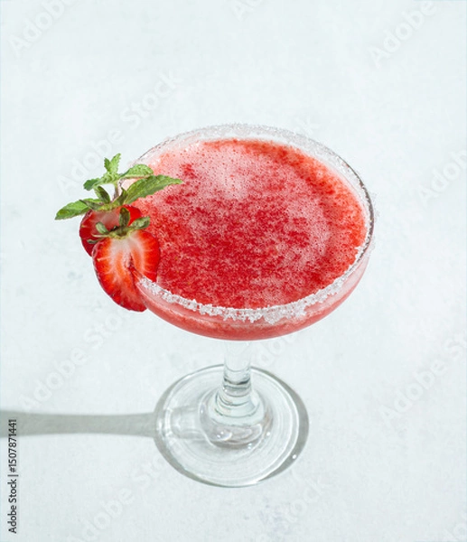 Obraz Top view refreshing strawberry Daiquiri Cocktail With Sugar Rim and Garnish on Bright Background