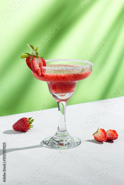 Obraz Refreshing Strawberry daiquiri Cocktail in a Glass with Sugar Rim and Garnish on green background