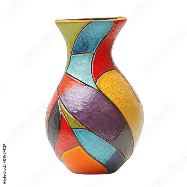 Fototapeta Colorful bulbous vase with glossy ceramic glaze in orange, milk white, dark blue colors. Isolated object with transparent background. Interior decoration, blank empty vase mockup 