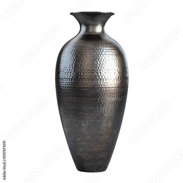 Fototapeta Silver metal vase with dotted embossing. Embossed metal vase with a minimalist dotted motif. Isolated object with transparent background. Interior decoration, blank empty vase mockup 
