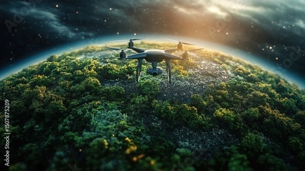 Fototapeta A drone scanning the Earth, mapping pollution hotspots from space