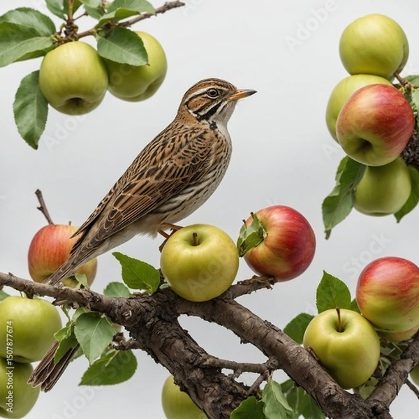 Fototapeta A lark on a branch with apples and bananas, white background