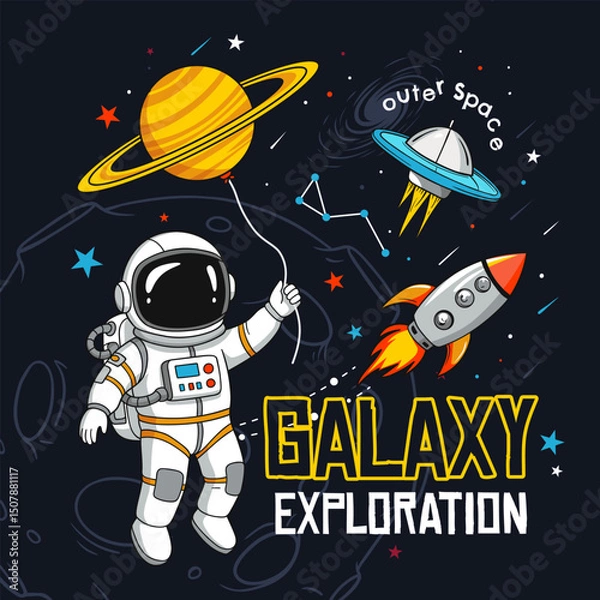 Fototapeta Fun cartoon astronaut holding a Saturn balloon, with a rocket and UFO in space