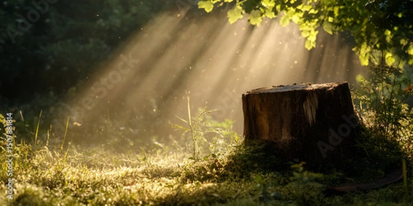Fototapeta Sunbeams Shining on Tree Stump in Quiet Forest