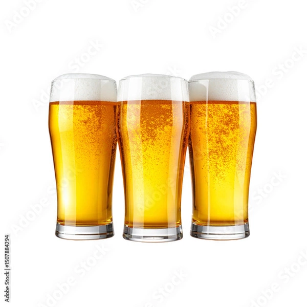 Fototapeta A full glass of cold golden lager beer with white froth and bubbles is an isolated alcoholic drink in a pint glass, perfect for a pub or bar