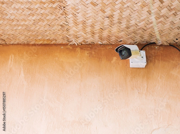 Fototapeta CCTV cameras are installed on a wall painted in dark brown.