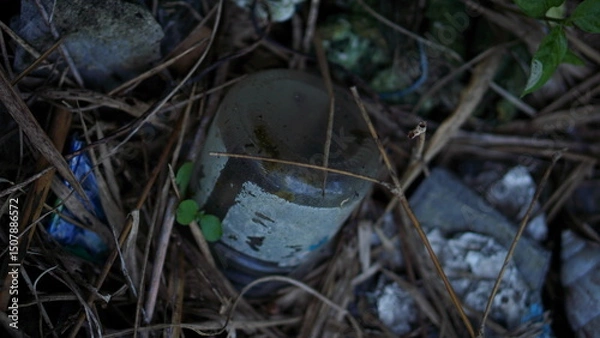 Obraz Forgotten Glass Bottle Amidst Nature's Debris A Glimpse into Environmental Neglect