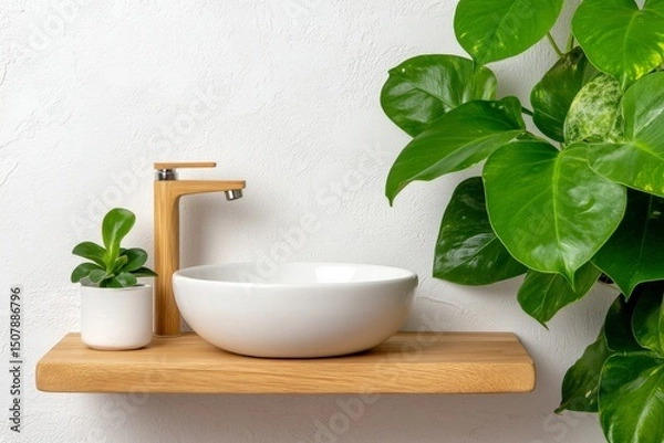 Obraz Modern Bathroom Sink with Minimalist Design and Green Plant on Wooden Shelf for Contemporary Interior Decoration
