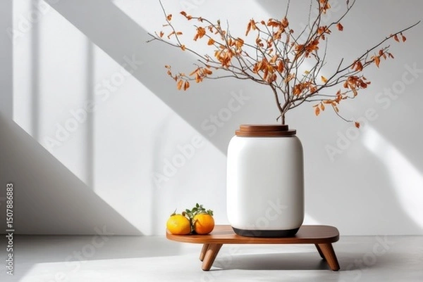 Obraz Elegant Minimalist Interior with Neutral Tones and a Decorative Vase Displaying Branches and Fresh Fruit