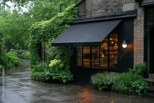 Obraz Charming urban coffee shop with lush greenery and inviting atmosphere on a rainy day in a vibrant neighborhood