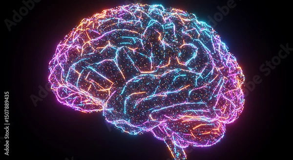 Fototapeta Abstract Neon Brain Digital Neural Network AI Connectivity Concept