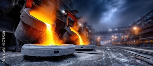 Fototapeta Molten metal is poured from large industrial containers in a steel mill at night, creating a dramatic scene with intense orange glow.