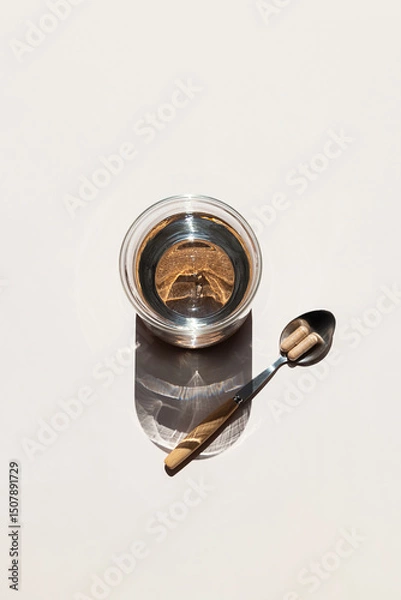 Fototapeta Illuminating Glass of Water and Spoon with Two Pills on Light Background, Promoting Healthy Lifestyle.