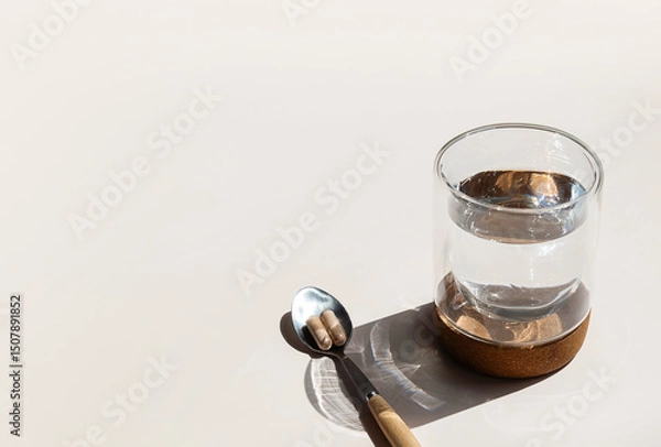 Fototapeta Two Pills on Spoon and Glass of Water are Ready for Daily Vitamins Intake Promoting Health and Wellness.