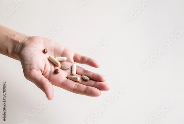 Fototapeta Open Hand Displaying Various Pills and Capsules, Representing Healthcare and Medicine.