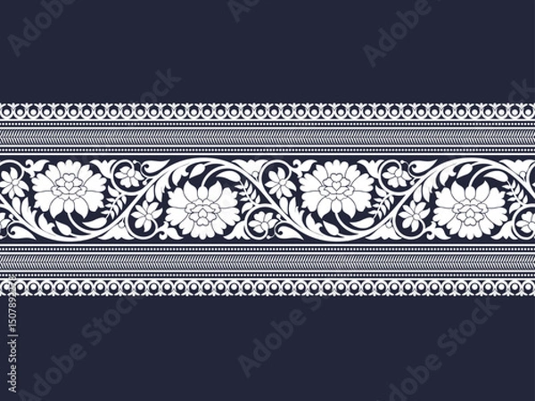 Fototapeta White zig zag floral lace border pattern stripe on denim blue background for decorations, fabric prints, table runner, and other prints
